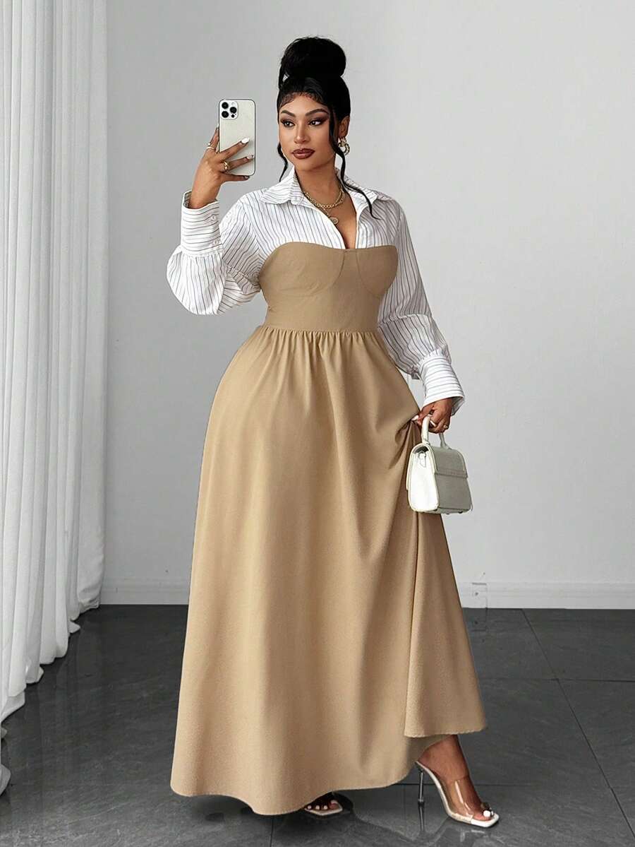 Maweii French Casual Striped Patchwork 2 In 1 Long Sleeve Plus Size Dress For Women Fall - Khaki - View 1