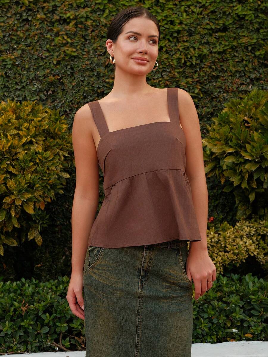 Nelanie Turli 100% Cotton Coffee Brown Backless Blouse For Summer,Elegant Wide Shoulder Straps Bow Tie Back Top For Women's Holiday Resort Brunch Casual Vacation - Brown - View 1