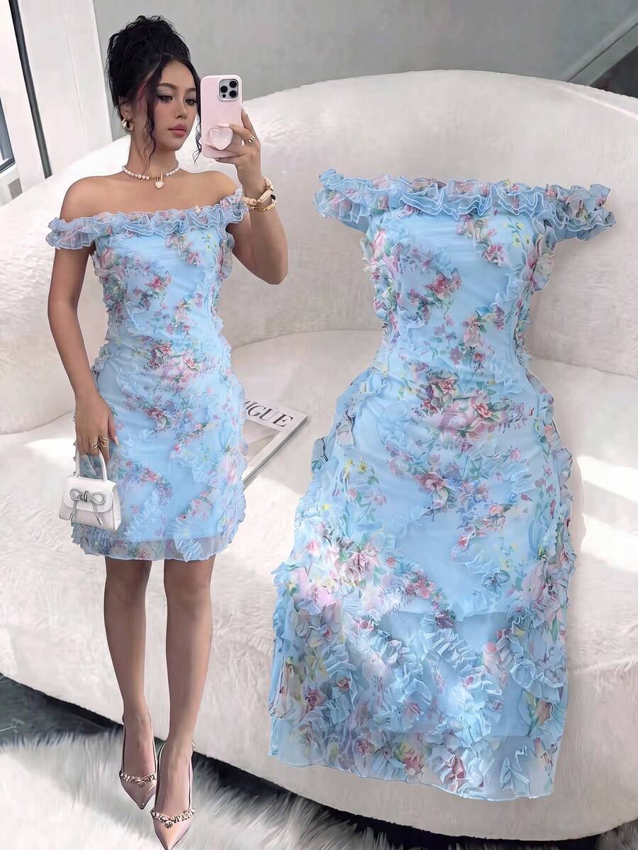 Selianne Women's Light Pink Spring/Summer Off-The-Shoulder Elegant Romantic Mesh Printed Ruched Waist Short Dress, Suitable For Wedding Season, Party, Date, Shopping And Other Occasions - Blue - View 1