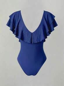 Rafferiza Women's Solid Color Ruffle Casual Bodysuit, Versatile For Daily Wear - Royal Blue - View 2
