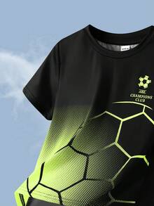 SHEIN Young Boy Casual Football Print Round Neck Short Sleeve T-Shirt And Shorts Sports Set - Green - View 10