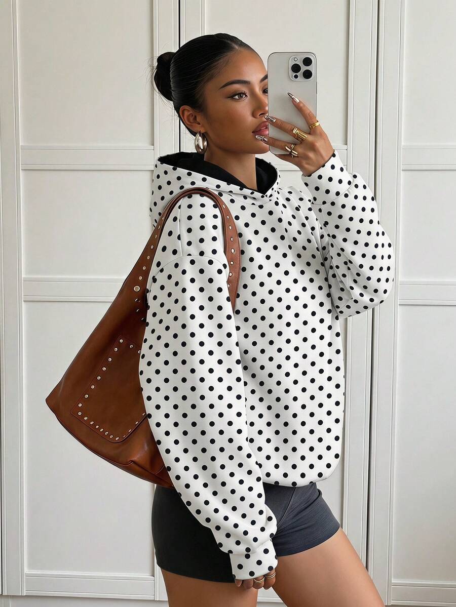Tween Girls Black Hat & Polka Dot Print Hooded Sweatshirt,Back-To-School,Cute,Vacation - White - View 1