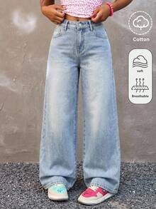 SHEIN 青少年女孩寬鬆淺藍色牛仔褲 - 藍色 - 查看 1
