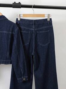 SHEIN Teen Girls Deep Blue Denim Short Shirt & Loose Long Pants 2pcs Set Pair With A White Shirt - Blue - View 6
