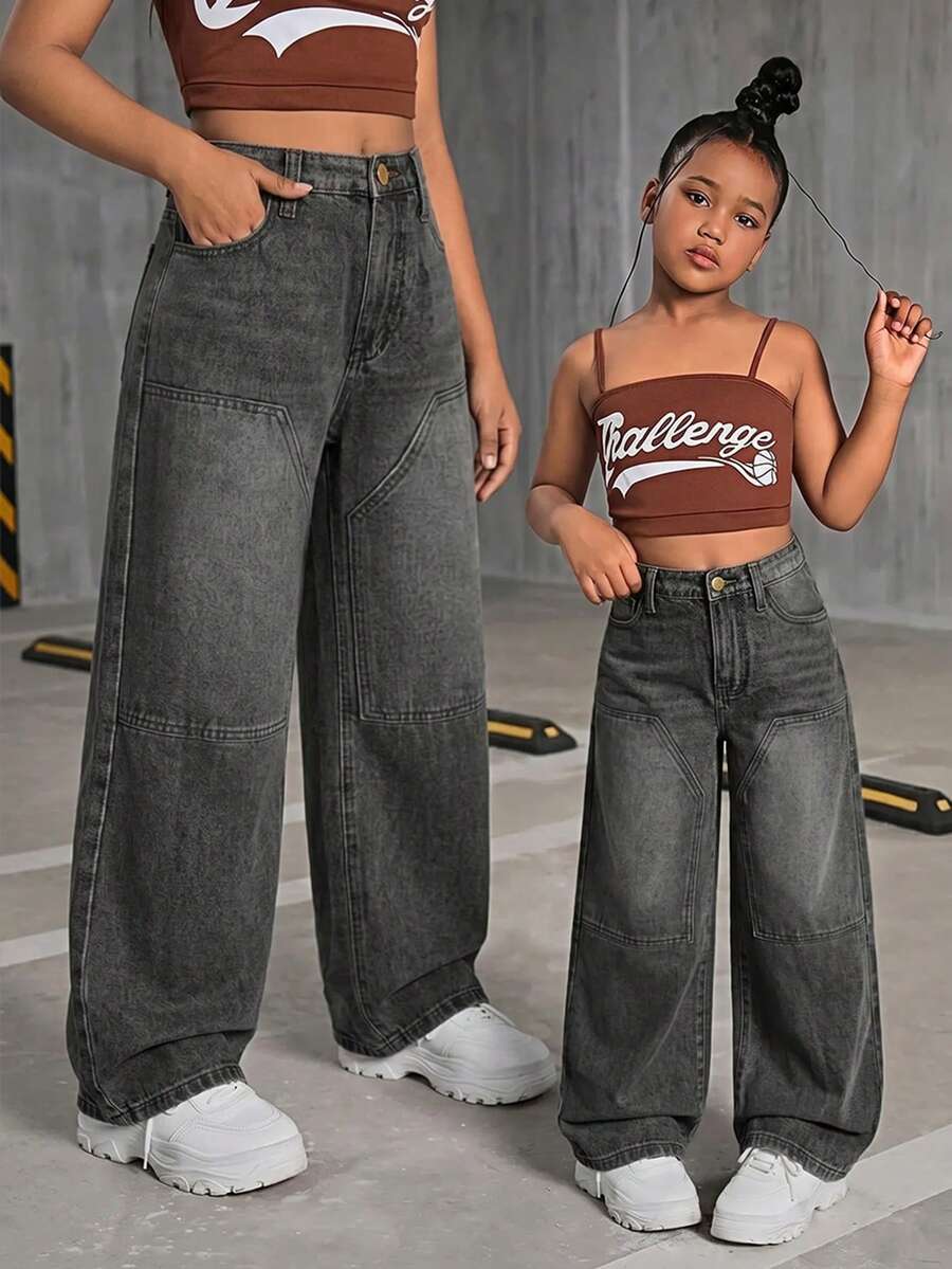 SHEIN Tween Girls' Black Denim Loose Wide Leg Pants Halloween World Cup Graduation Casual Back To School Summer Winter Fall - Black - View 1