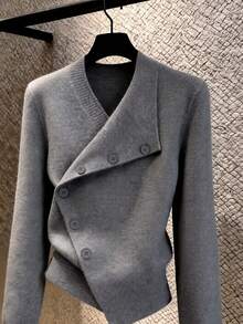 GlowEve Cardigan Wanita Asimetris Kancing Diagonal Depan Lengan Panjang dengan Hem Bergaris, Modis, Kasual, Serbaguna, Cocok untuk Kantor, Warna Abu-abu, Musim Gugur - Grey - View 1