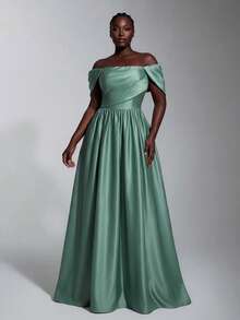 Elitara Plus Size Elegant Classy Formal Romantic Sage Green Off-Shoulder Ruched Pleated Puff Sleeve A-Line Evening Dress For Party Wedding Guest Dinner Date - Green - View 2