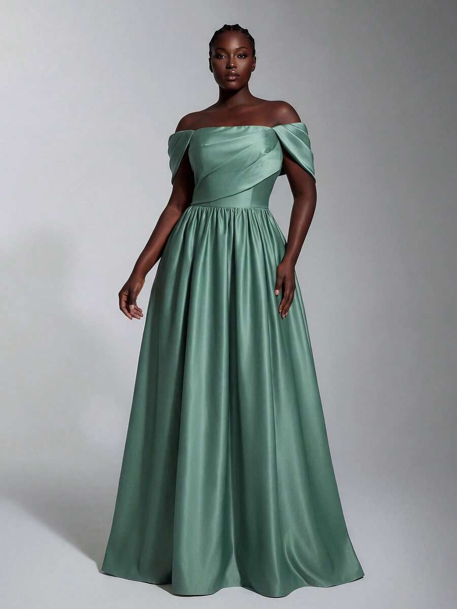 Elitara Plus Size Elegant Classy Formal Romantic Sage Green Off-Shoulder Ruched Pleated Puff Sleeve A-Line Evening Dress For Party Wedding Guest Dinner Date