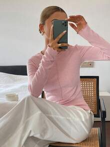 DAZY 女款素色羅紋紋理修身圓領長袖休閒度假街頭風春秋針織套頭T恤 - 粉色 - 查看 4
