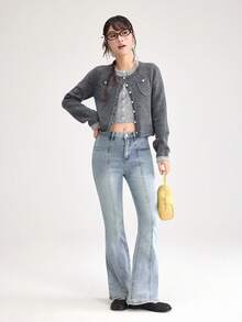 DAZY Celana Jeans Wanita Gaya Korea Model Flare dengan Detail Sobek Ukuran Petite - Biru - View 13