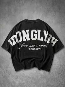 IRON GLYPH Men's Shoulder Sleeve Washed Letter Print T-Shirt - Black - View 1