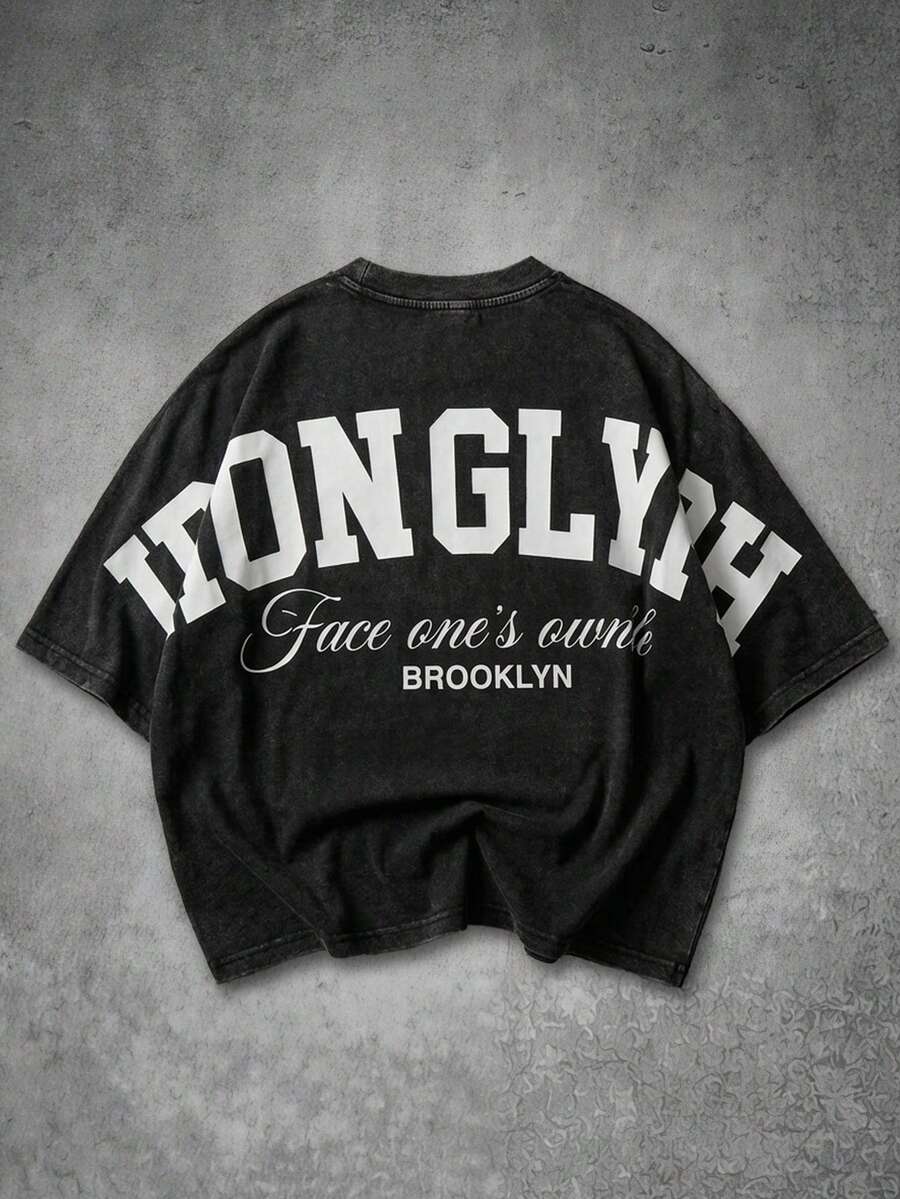 IRON GLYPH Men's Shoulder Sleeve Washed Letter Print T-Shirt - Black - View 1