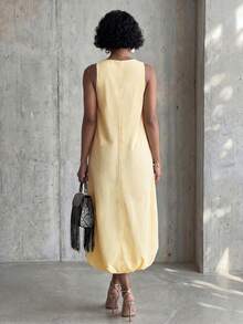 Eryvara Women's Fall/Summer Yellow Deep V Halter Sleeveless Bubble Midi Dress, Loose Flow A-Line Hem,  Leisure And Vacation Solid Dress - Yellow - View 4