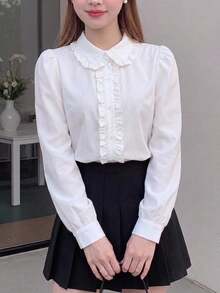 SHEIN Kids Teen Girls Blouses Spring Summer Autumn Winter New Woven White Loose Casual Simple Comfortable Daily Casual School Style White Ruffle Puff Sleeve Elegant Frill Edge Button Front, Shirt, Long Sleeve Top, Back To School Outfit, Versatile Shirt - White - View 5