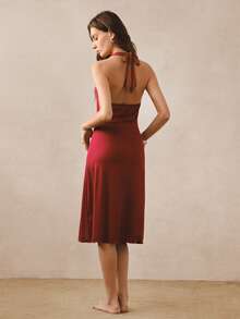 Hourtrue 3D Lace Mesh Long Robe, Cowl Neck Knit Cami Robe, Women's Sleepwear Set - Burgundy - View 2