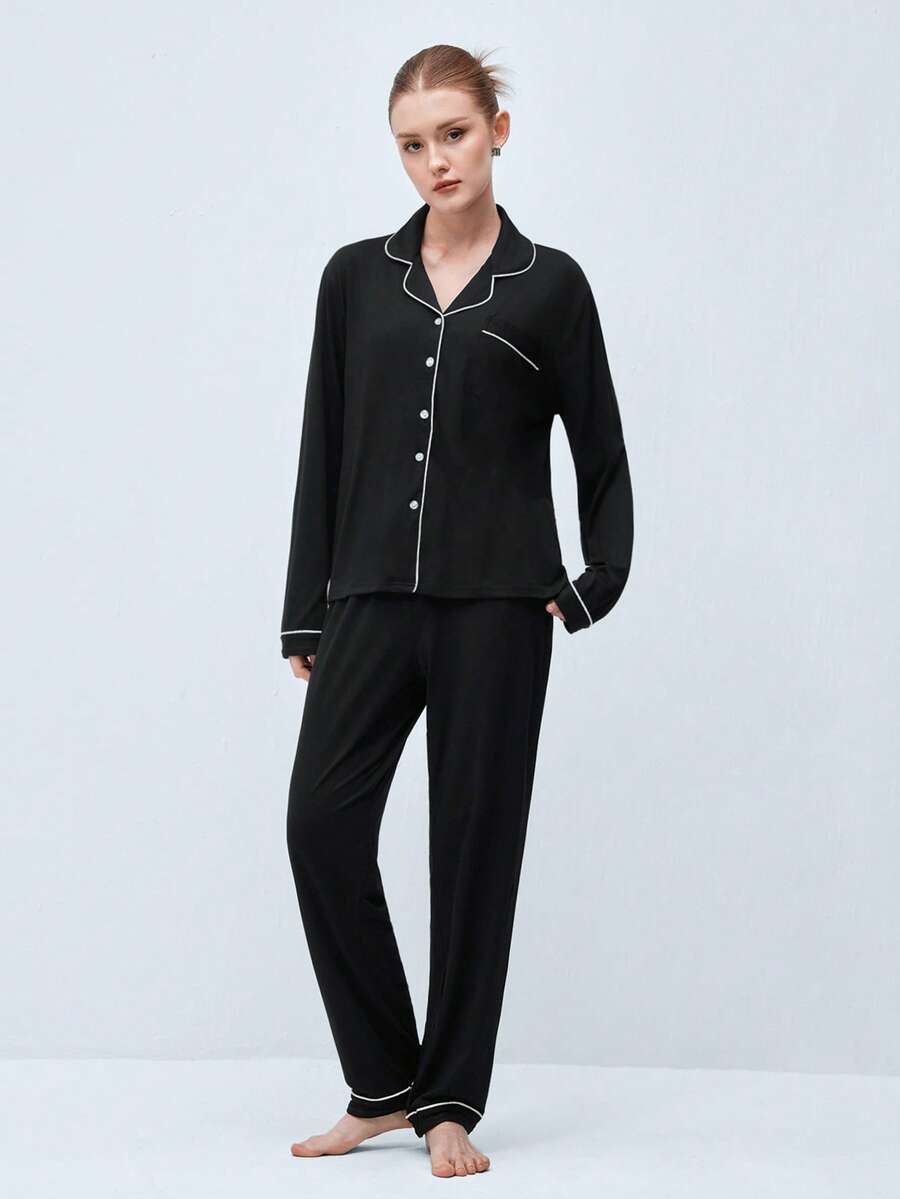 Softvol 两件套女士翻领长袖睡衣套装，舒适休闲睡衣家居服