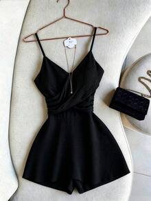 GlowEve Women's Spaghetti Strap Cinched Waist Elegant Commute Versatile Island Style Fashion French Multi-Layer Design Spring Summer Short Jumpsuit - Black - View 1