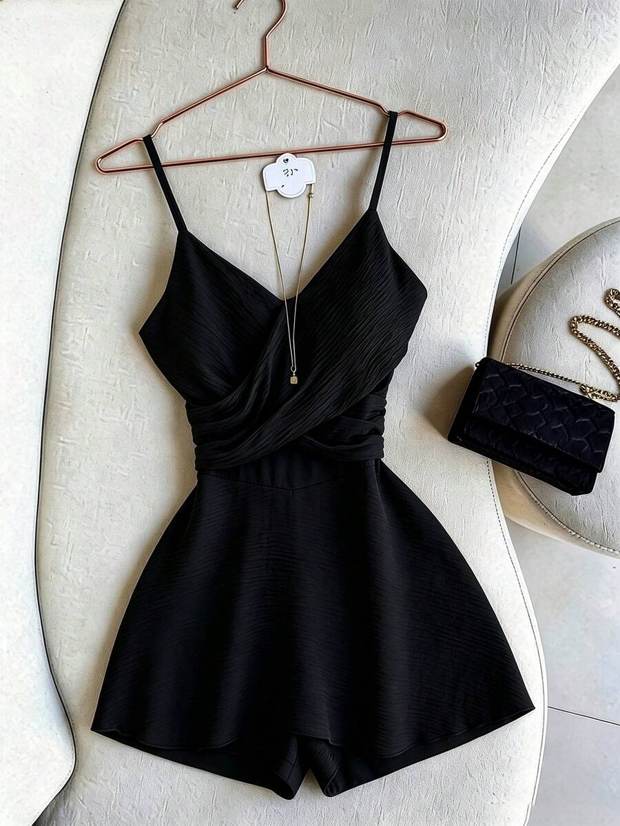 GlowEve Women's Spaghetti Strap Cinched Waist Elegant Commute Versatile Island Style Fashion French Multi-Layer Design Spring Summer Short Jumpsuit - Black - View 1