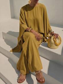 Zivah New Commuting Loose Cape Asymmetrical Top + Wide-Leg Trousers Women's Two Pieces Set - Mustard Yellow - View 4