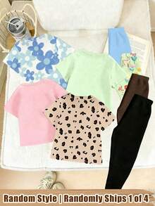1 Random Item From 4 Girls' Kawaii Leopard Print Bow, Blue Rabbit Teddy Bear, Basic Short T And Base Pants Set Back-To-School School - Multicolor - View 2