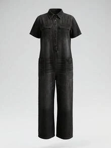 EMERY ROSE EMERY ROSE Women's Short Sleeve Button Front Cargo Pocket Casual Denim Jumpsuit - Black - View 1