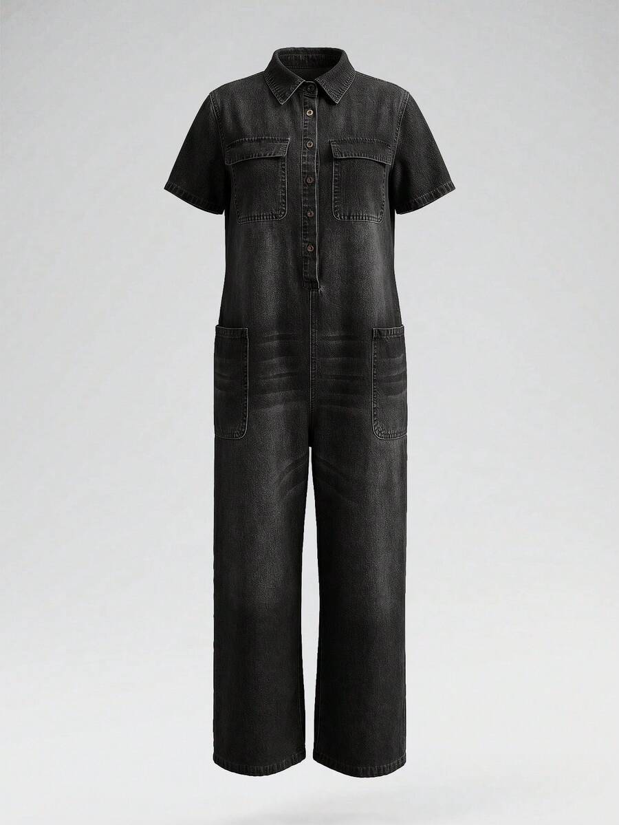 EMERY ROSE EMERY ROSE Women's Short Sleeve Button Front Cargo Pocket Casual Denim Jumpsuit - Black - View 1