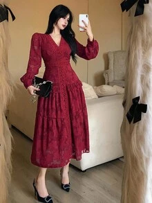 Dazy Tall Women's Deep V-Neck Long Sleeve Cinched Waist Lace Fabric Red Dress Fall - Red - View 10