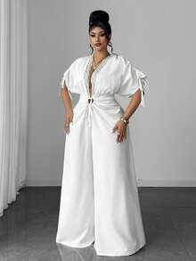 Maweii Jumpsuit Kasual Lengan Pendek Klasik Ukuran Plus, Serbaguna, Motif Renda, untuk Perjalanan Sehari-hari - Putih - View 1