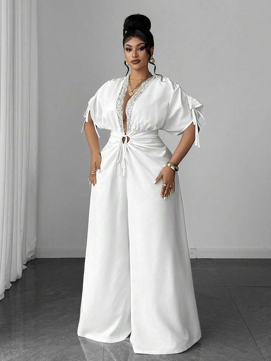 Maweii Jumpsuit Kasual Lengan Pendek Klasik Ukuran Plus, Serbaguna, Motif Renda, untuk Perjalanan Sehari-hari - Putih - View 1