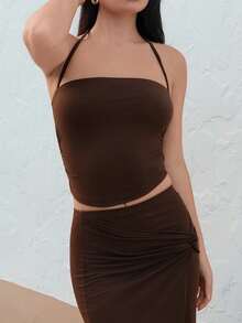 Nelanie Turli Women's Sexy Split Twist Knot Strapless Cropped Top & Skirt Set, Spring/Summer Brown Elegant - Brown - View 6
