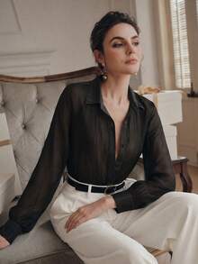 Anewsta Women's Solid Light Apricot Elegant Loose Drop Shoulder Long Sleeve Open Front Blouse, Textured Semi-Sheer Fabric, Minimalist Casual, Suitable For Spring/Summer, Daily Casual, Holiday, Beach, And Casual Workplace - Black - View 1