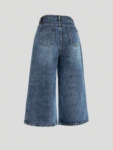 SHEIN Girlism Tween女孩街頭風時尚寬腿牛仔褲 秋冬萬聖節 Y2K 畢業返校穿搭 - 中等水洗藍 - 查看 2