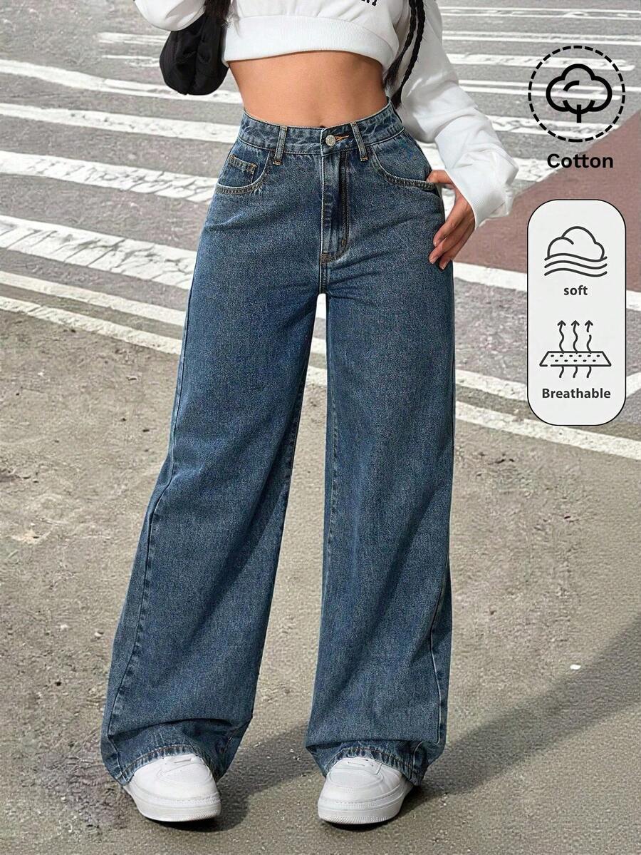 SHEIN 青少年女孩深藍色牛仔寬鬆長褲 度假節慶 日 - 中等水洗藍 - 查看 1