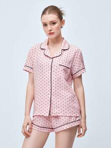 Softvol 2pcs Comfortable Mini Dot Print Pajama Set, Short Sleeve Collared Top With Pocket And Bow Shorts, Women Sleepwear Homewear For All Seasons - Pink - View 1