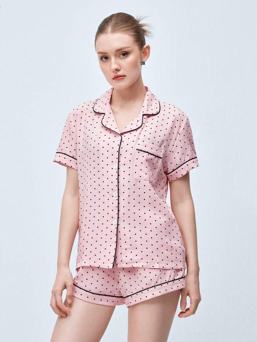 Softvol 2pcs Comfortable Mini Dot Print Pajama Set, Short Sleeve Collared Top With Pocket And Bow Shorts, Women Sleepwear Homewear For All Seasons - Pink - View 1