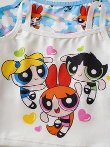 THE POWERPUFF GIRLS X SHEIN Young Girl Cartoon Print Casual Daily Wear Camisole Tank Top - Blue and White - View 5