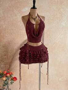 Soleia Women's Spring/Summer Romantic Tropical Boho Vacation 2 Pieces Set: Draped Neck Crochet Tank Top, Steel Bead Tassel Decor + Multi-Layer Ruffle Skirt - Burgundy - View 9