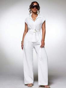 Normani Women's Solid Color Cap Sleeve Top And Long Pants Casual Elegant Daily 2 Pieces Set Vacation White Summer - White - View 1