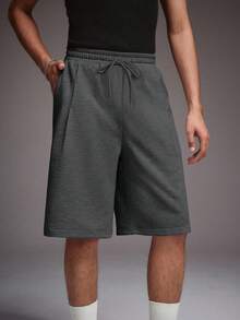 STYNVO Men's Solid Color Drawstring Waist Pocket Casual Baggy Bermuda Shorts Hiking Work Dark Grey Summer - Dark Grey - View 4