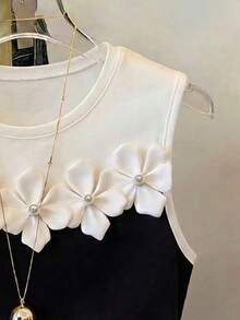 Franclia 女款超短版背心，3D花卉圖案，黑白配色，時尚通勤休閒優雅，春夏款 - 彩色 - 查看 4