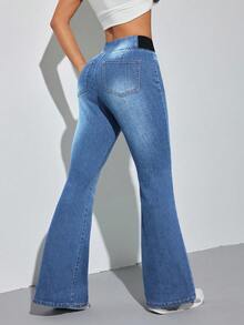 SHEIN PETITE Women's Colorblock Elastic Waist Casual Versatile Flare Jeans - Medium Wash - View 3
