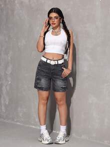 SHEIN PETITE Celana Pendek Denim Kasual Wanita untuk Sehari-hari dengan Saku, Kancing, dan Desain Lusuh (Jorts) - Hitam - View 5