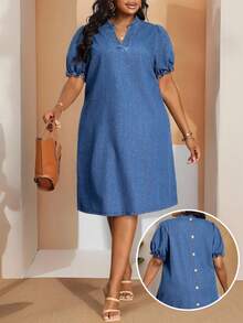 SHEIN EMERY ROSE CURVE 大尺碼牛仔洋裝 休閒寬鬆短袖 藍色 - 中等水洗藍 - 查看 5