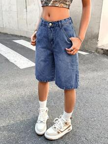 SHEIN 青少年女孩夏季休閒百慕達牛仔短褲 - 深色水洗藍 - 查看 6