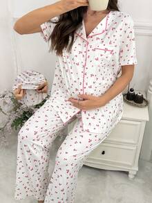 Moonlight&Mama Romantic Small Ditsy Floral Contrast Trim Lapel Button-Up Short Sleeve Top And Pants Maternity Pajama Set - White - View 3