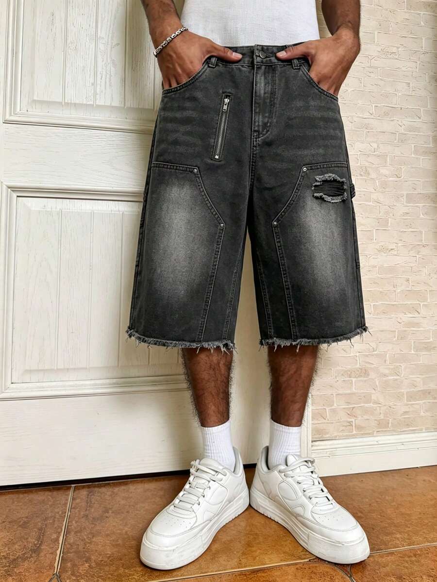 IRON GLYPH Shorts de mezclilla de pierna recta desgastados para hombre, vacaciones - Gris Oscuro - Ver 1