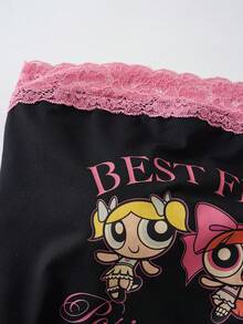 THE POWERPUFF GIRLS X SHEIN 女款字母卡通印花蕾絲飾邊休閒日常夏季洋裝 - 黑色 - 查看 5
