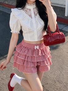 SHEIN MOD Classic White Victorian-Style Blouse,Lace Yoke Ruffled Collar Puff Sleeves Button-Up,Elegant Summer Tea Party,Vintage-Inspired Office Wear - White - View 4