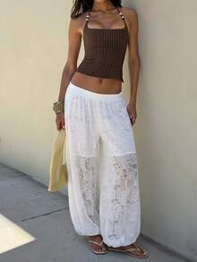 SHEIN BAE Pantalones de linterna blancos con encaje, cintura fruncida y bajo fruncido para mujer, adecuados para uso casual, uso diario, ir al trabajo, salidas casuales, pantalones de encaje blanco, pantalones de linterna de encaje blanco, salidas diarias, uso en casa, pantalones para ir al trabajo - Blanco - Ver 3