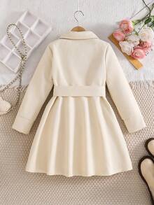 Tween Girls Single-Breasted Elegant Lapel Mid-Length Flared Overcoat - Beige - View 2
